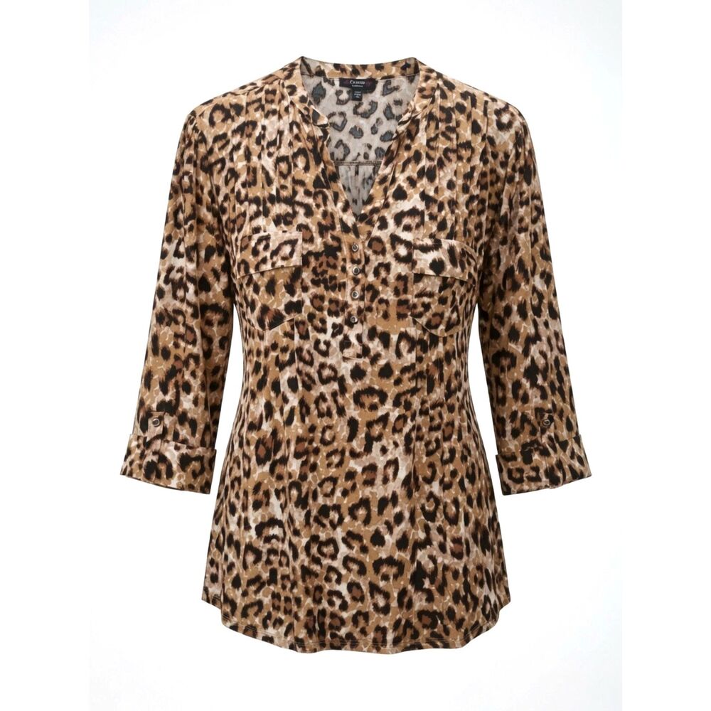 Cocomo Women's Plus Size 1X Black Multicolor Animal Print Pintuck 3/4 Sleeve Top